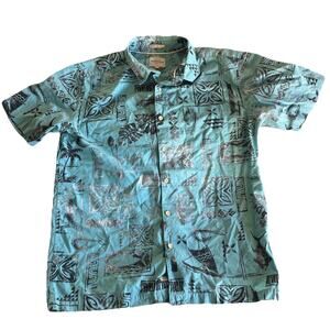 Quiksilver Shirt Mens Medium Hawaiian Blue Black Button Up Waterman Collection